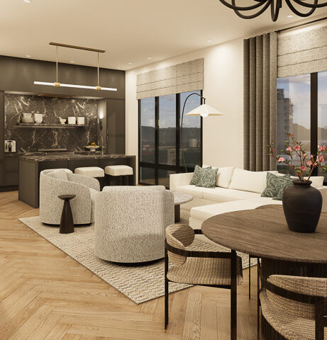 Modern open-concept living space with herringbone floors, neutral furniture, and kitchen in Detroit interior design