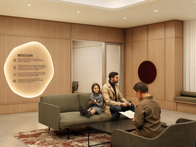 Modern corporate office lounge with curved green seating, wood wall panels, and collaborative workspace Detroit