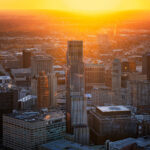 Detroit cityscape at sunset showcasing urban commercial architecture and mixed-use developments in downtown Detroit